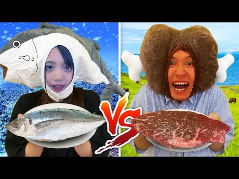 【対決】どっちが好き！？24時間魚VS肉生活チャレンジやってみた！〜Fish vs Meat / Food Challenge!〜