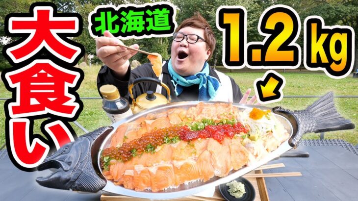 【大食い】北海道で総重量1.2kgの巨大サーモン遡上丼を親友と爆食いしたら幸せすぎたし鮭のクレーンゲームも出来て最高だったwww